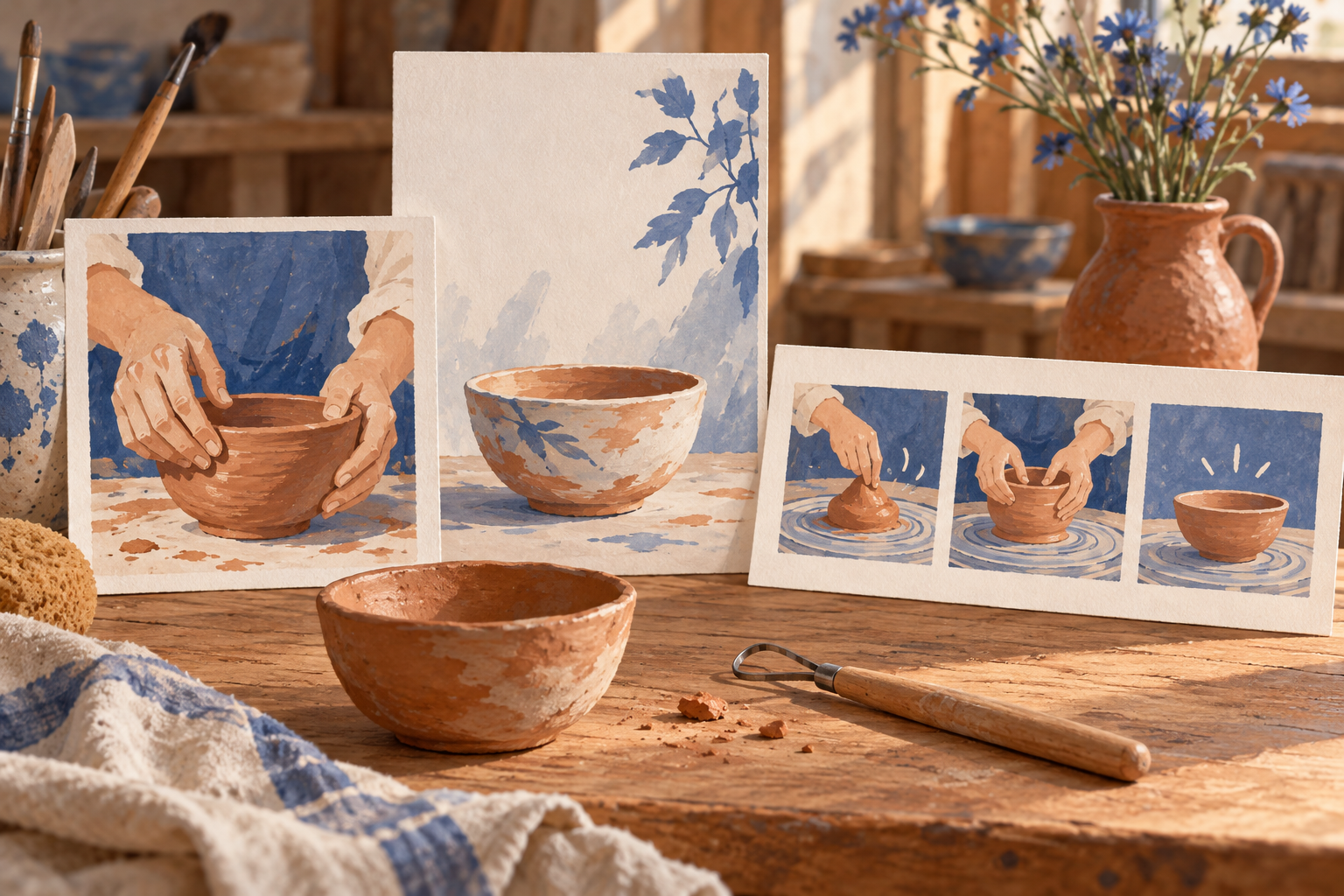 Pottery artwork planned as a square image, vertical story, and three-panel storyboard