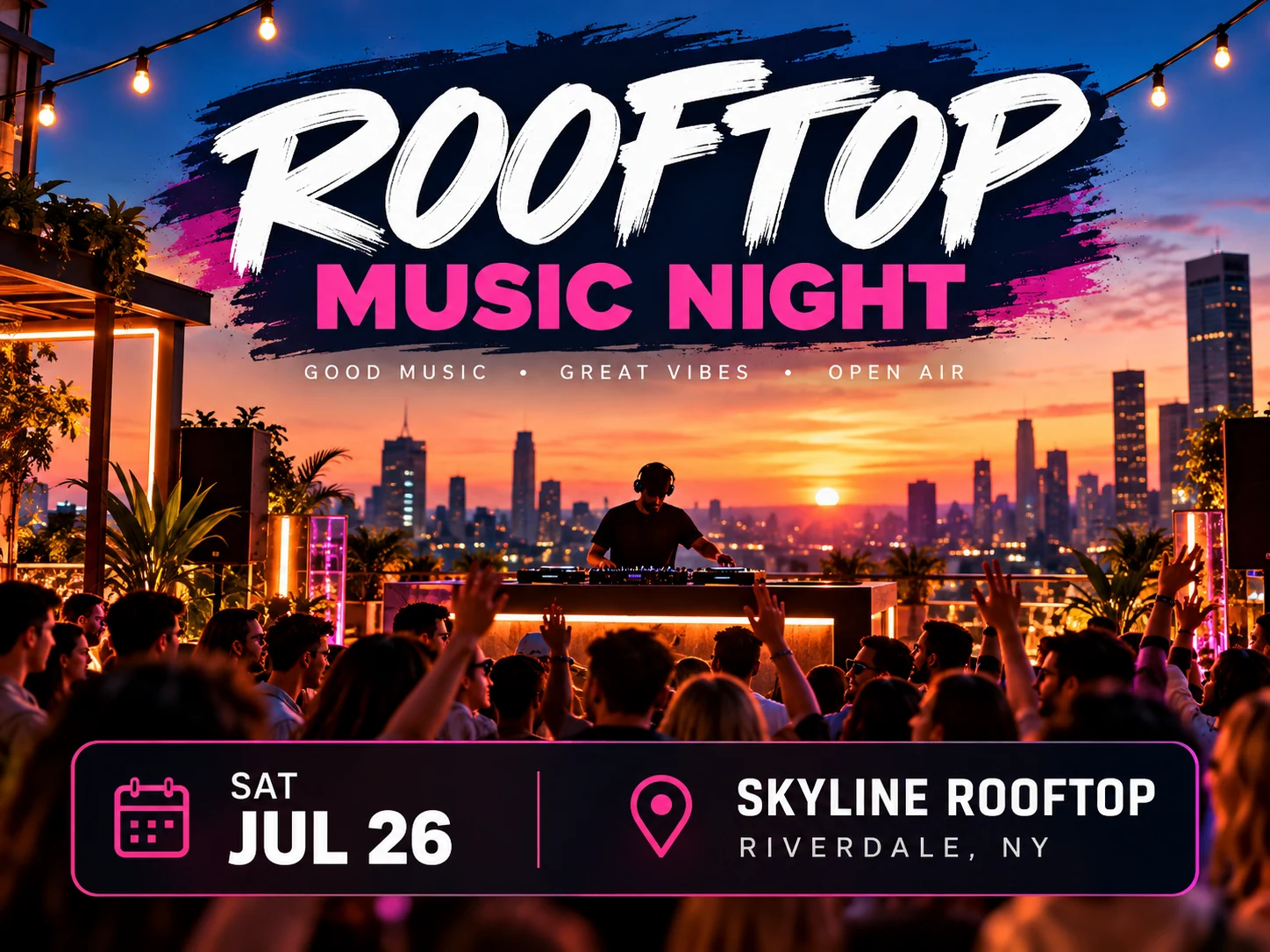 Konzept für einen Rooftop-Musikflyer mit getrennten Bereichen für Überschrift, Datum und Venue