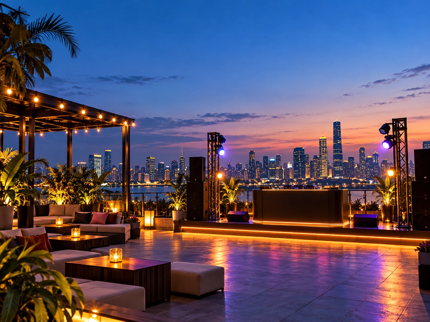 Leere Rooftop-Location in der Abenddämmerung mit offenem Himmel über der Bühne