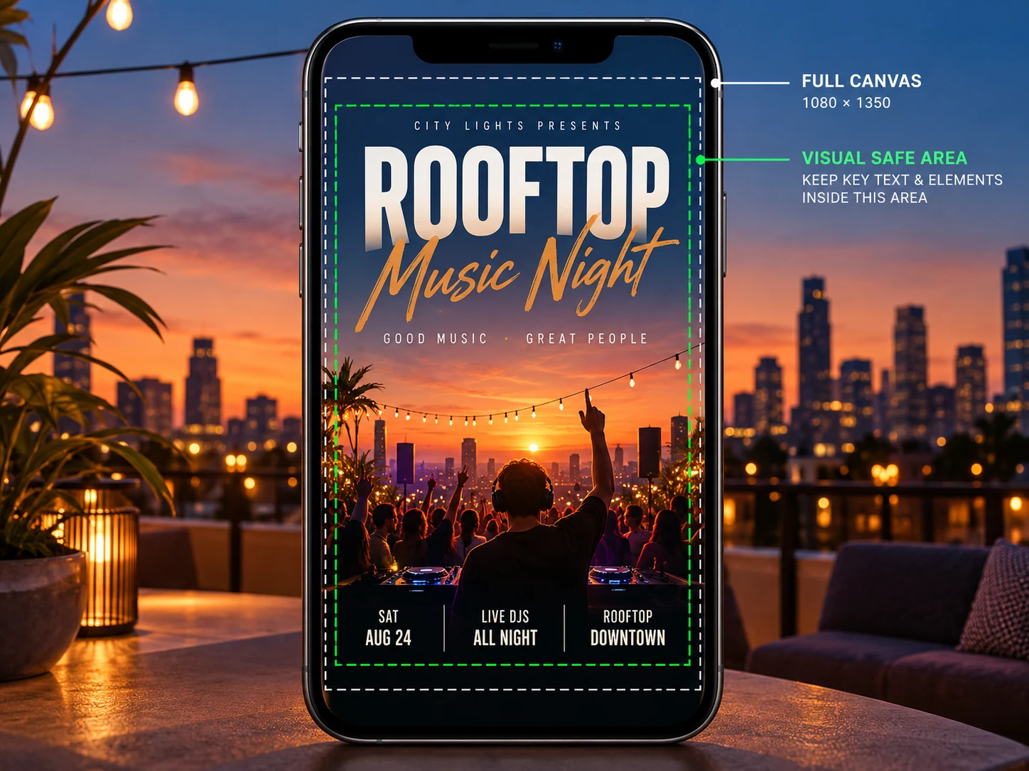 Rooftop-Flyer auf einem Smartphone mit illustrativen Randmarkierungen