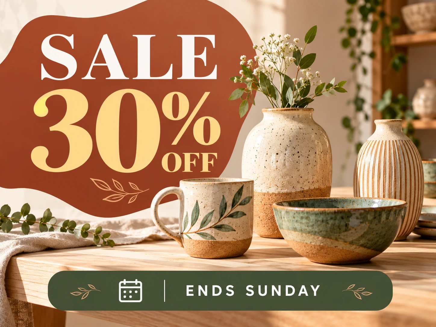Ceramic sale flyer concept with an example discount and deadline