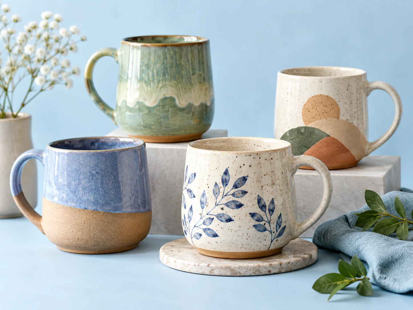 Four ceramic mugs photographed against a pale blue background