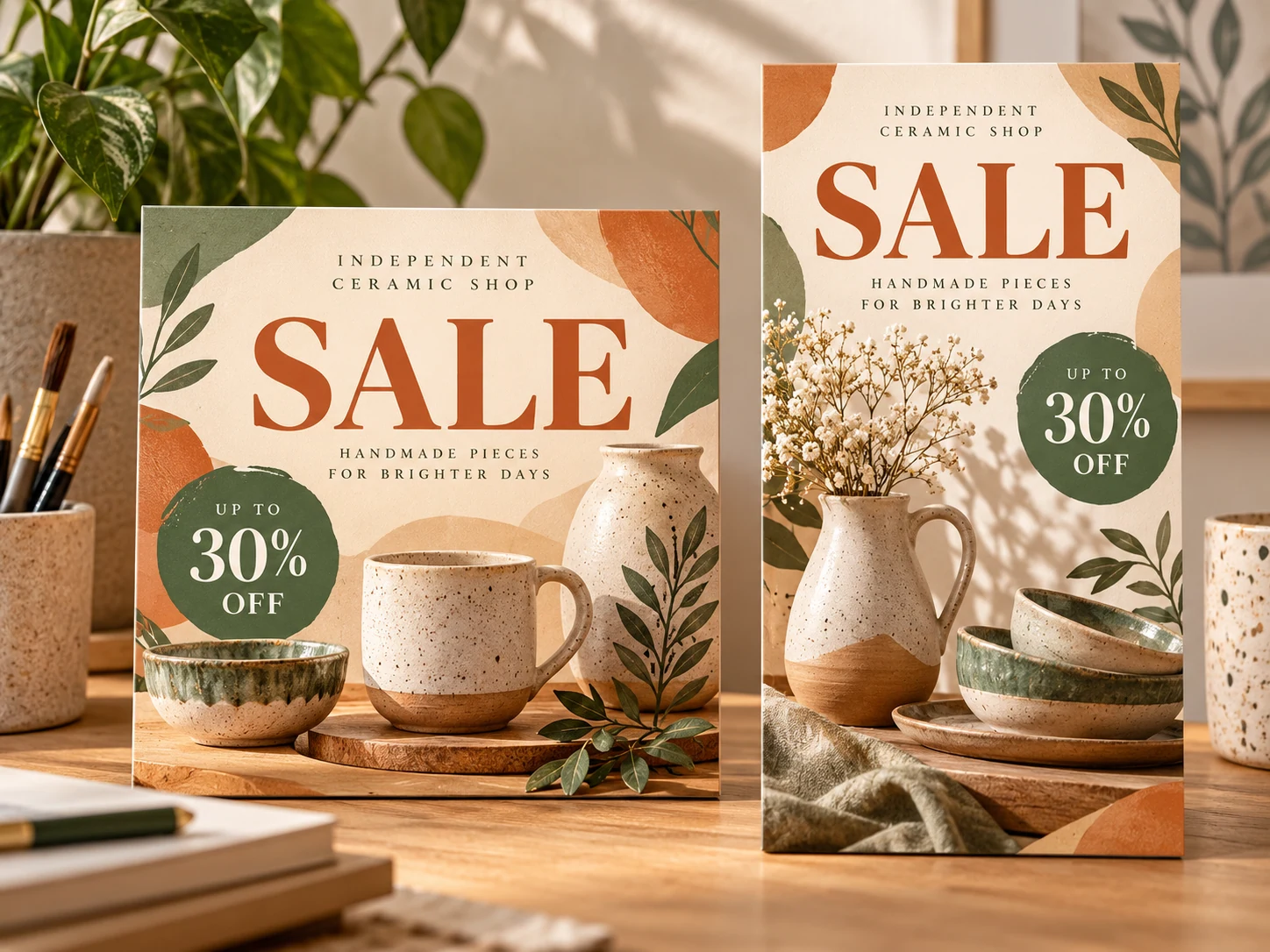 Ceramic sale flyer concepts in square and portrait formats