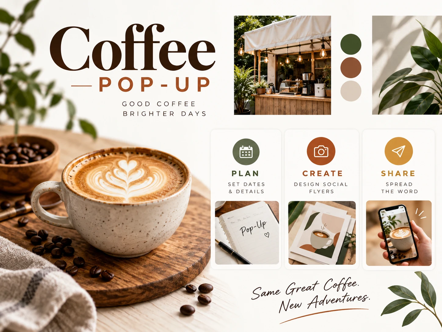 Coffee campaign moodboard with plan, create and share cards