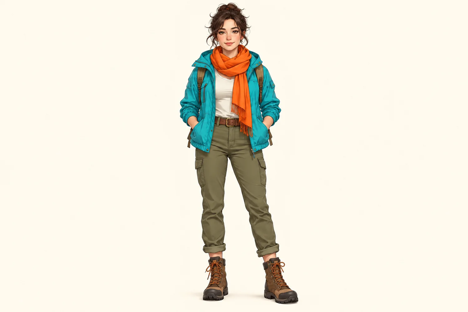 A clear full-body character reference with a teal jacket and orange scarf.