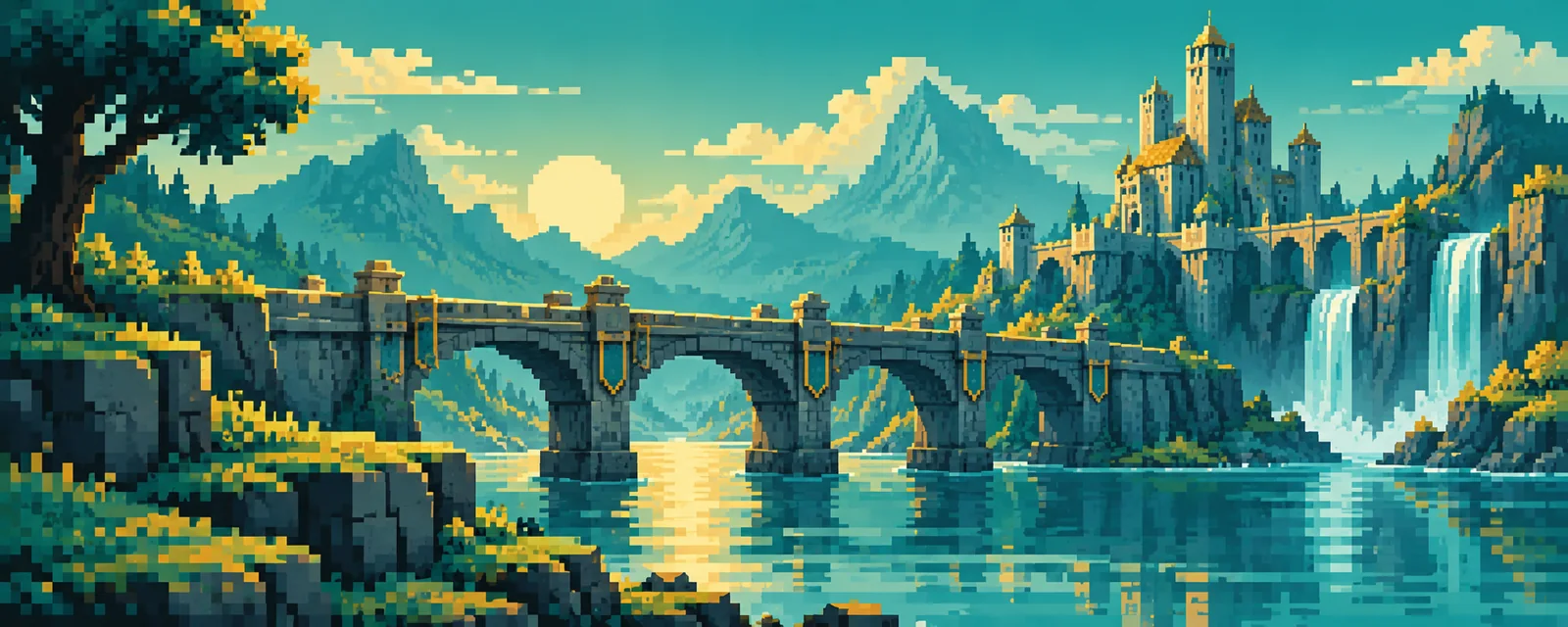 Blocky pixel-art bridge over a river in a simplified landscape.