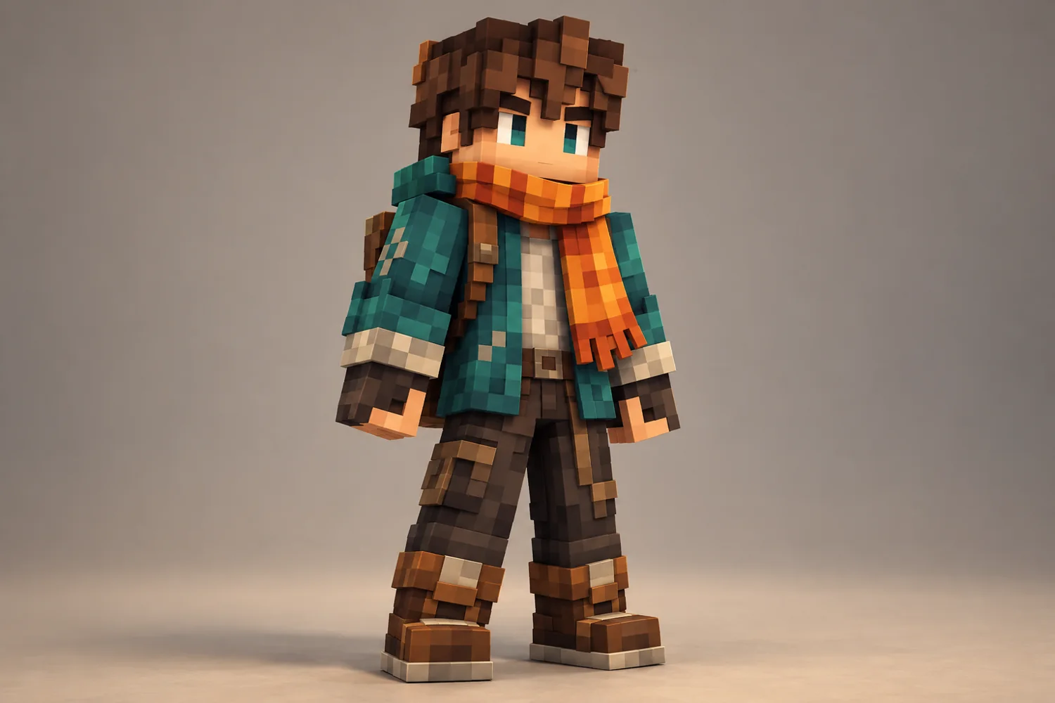 A complete blocky character concept with distinct arms, legs, jacket and scarf.