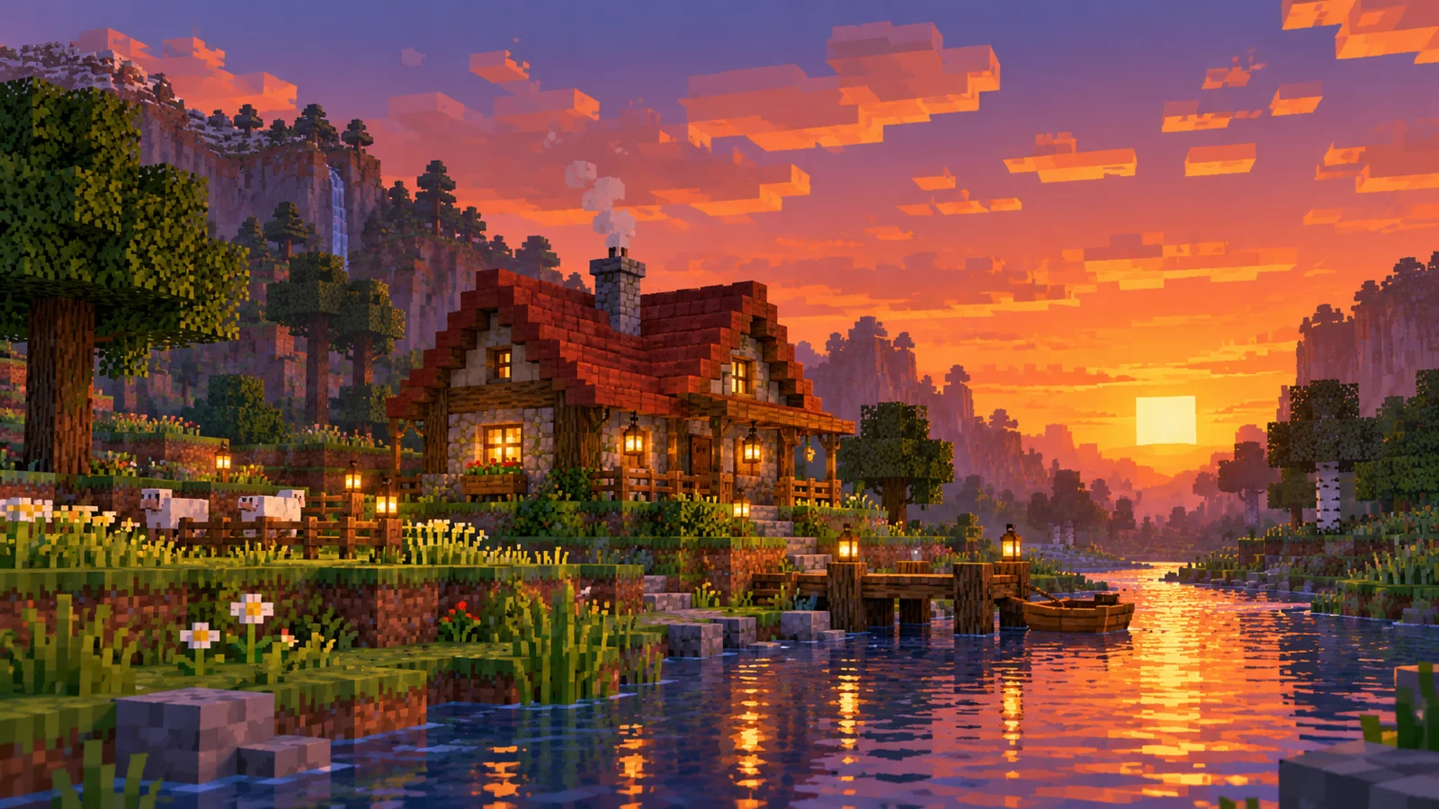 Pixel-art red-roof cottage with large readable block shapes.