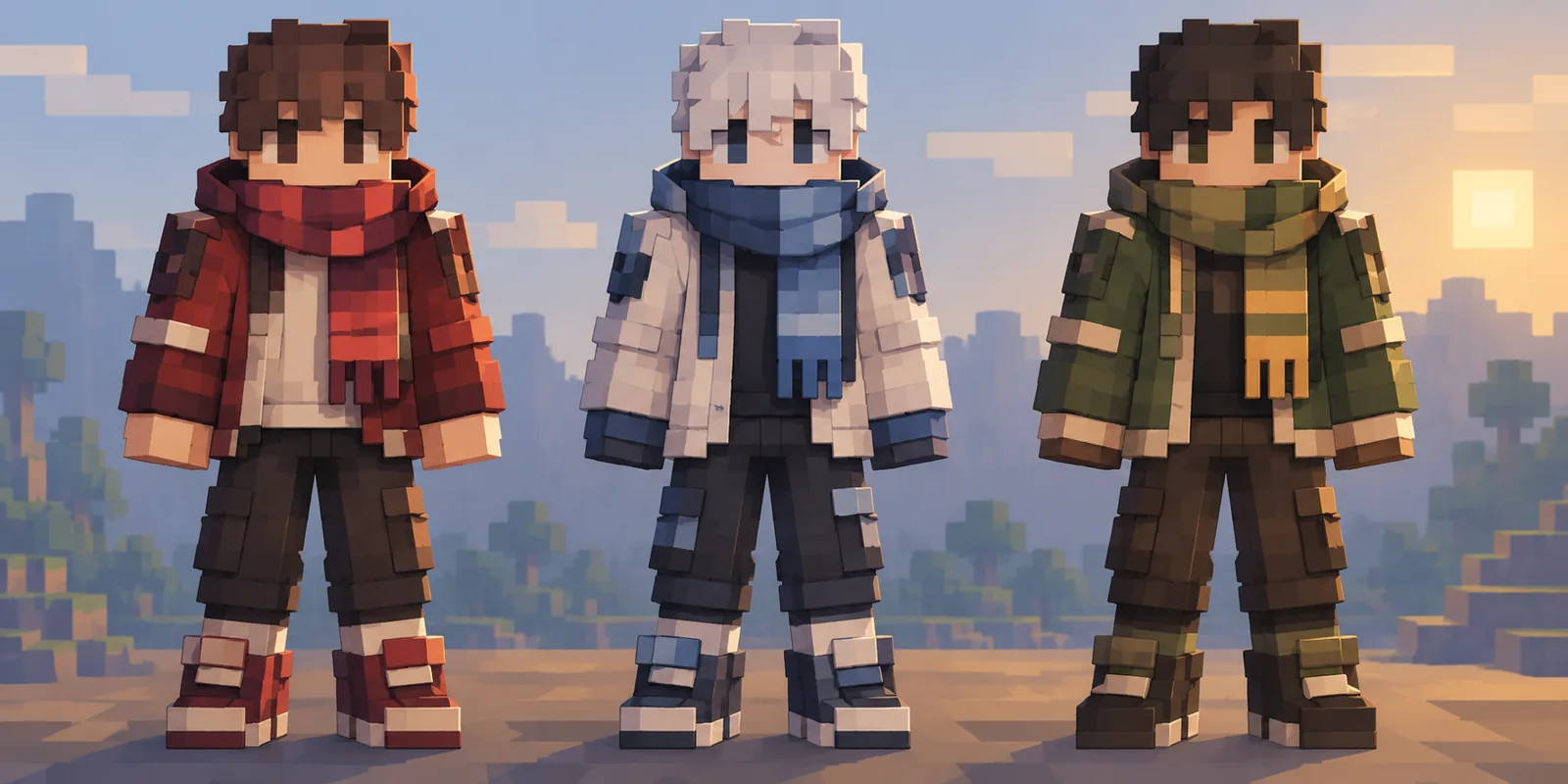 Several full-body blocky character concepts with distinct color palettes.