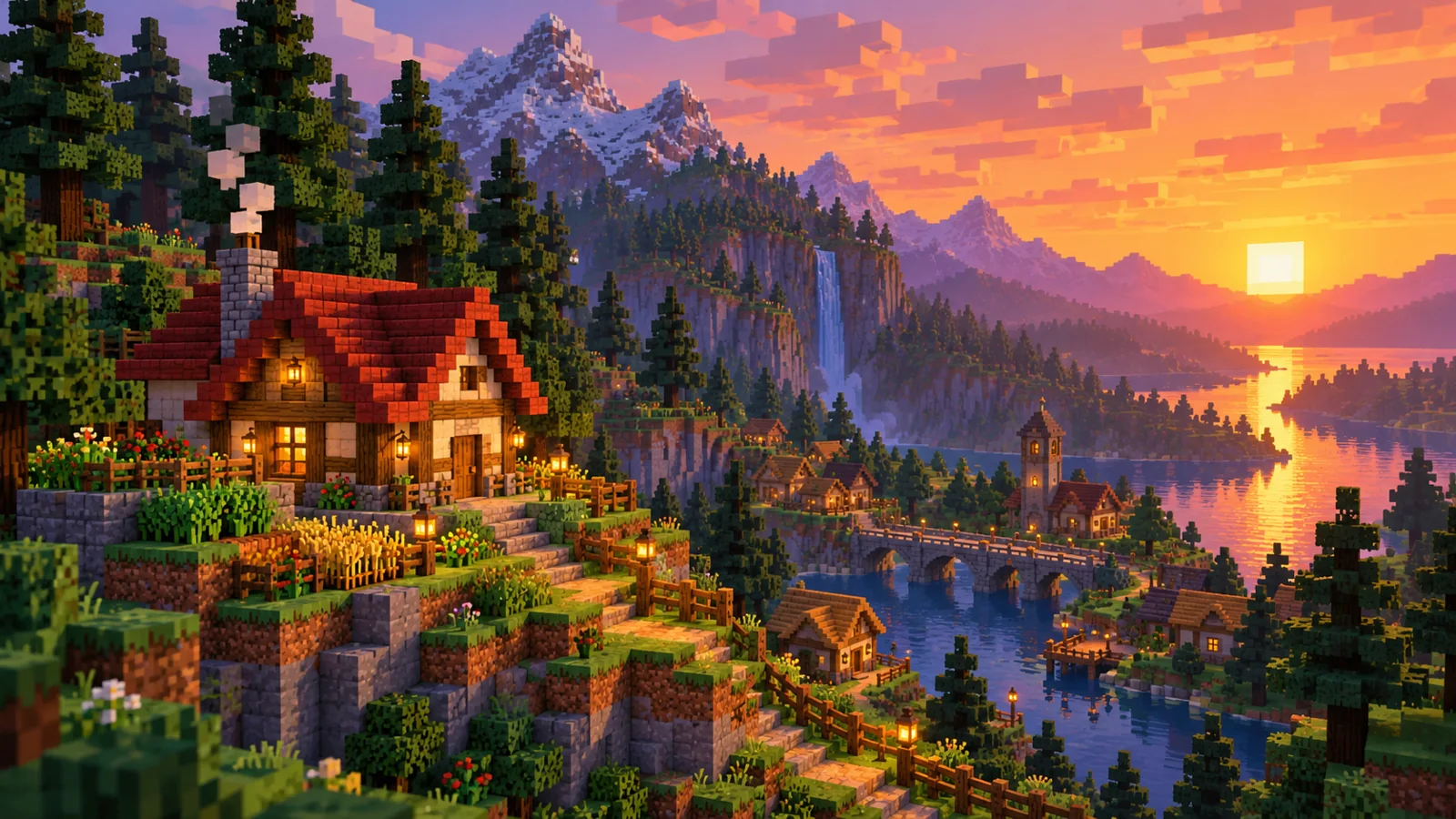 Minecraft-inspired pixel landscape with a cottage and clear sunset lighting.