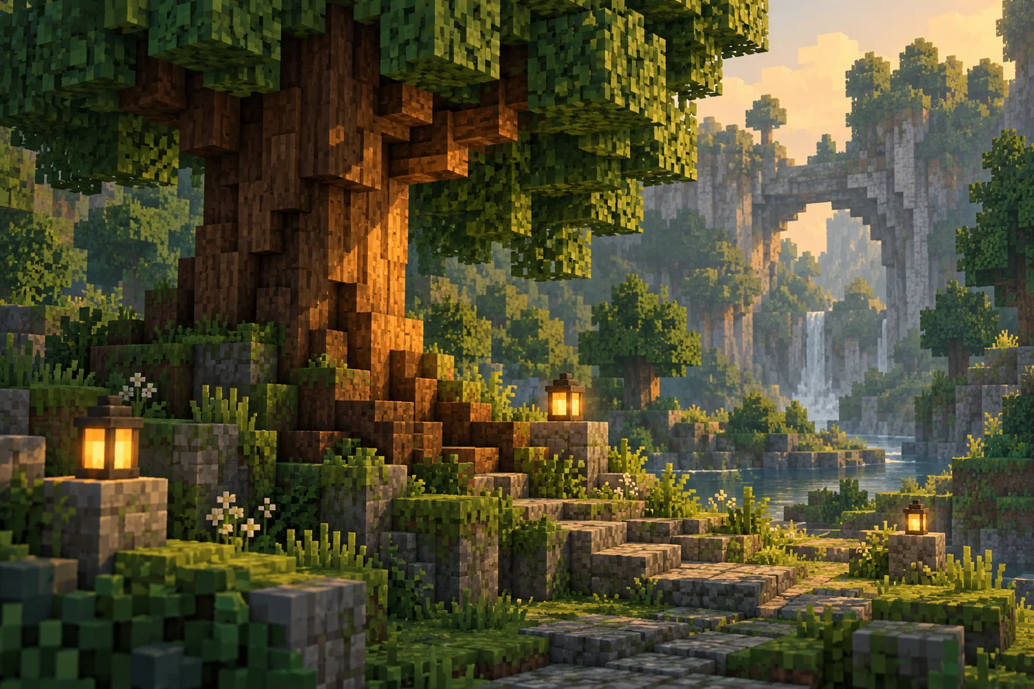Blocky forest, path and lanterns in a limited green and amber palette.