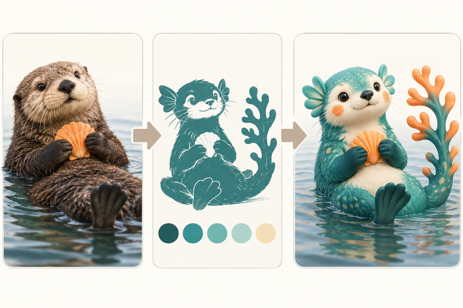 Three-panel concept diagram from brown otter to silhouette and color palette to teal water creature.