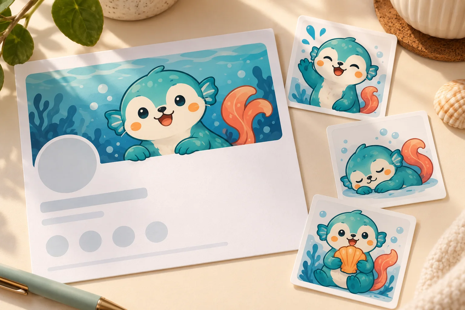 A profile-card concept and three square cards show a teal otter creature waving, resting and holding a shell.