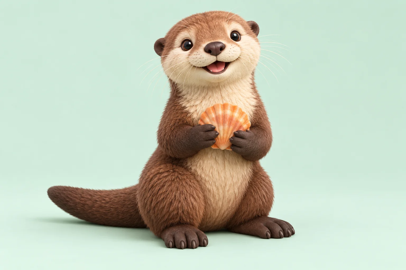 Brown otter holding an orange shell on an uncluttered pale mint background.