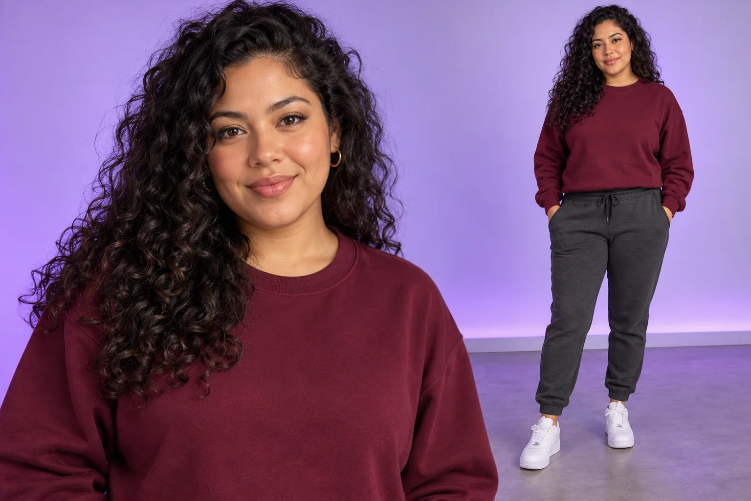 Face and full-body identity references for a curly-haired woman in casual dance clothing
