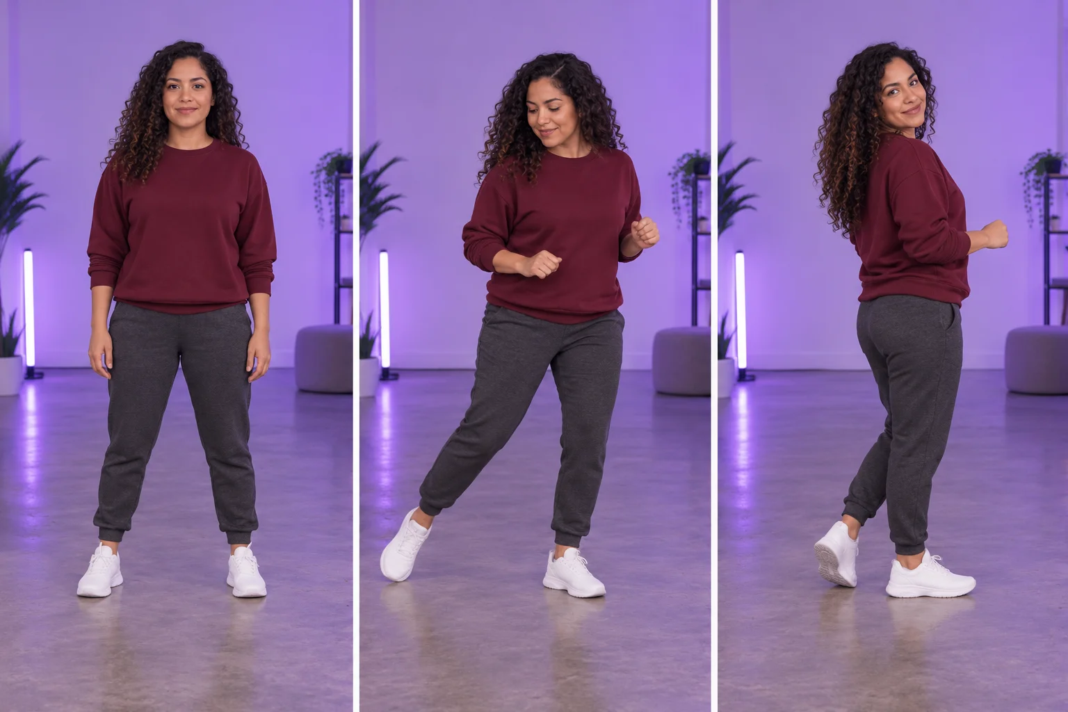 Three poses illustrating a balanced stance, side step and turn toward camera