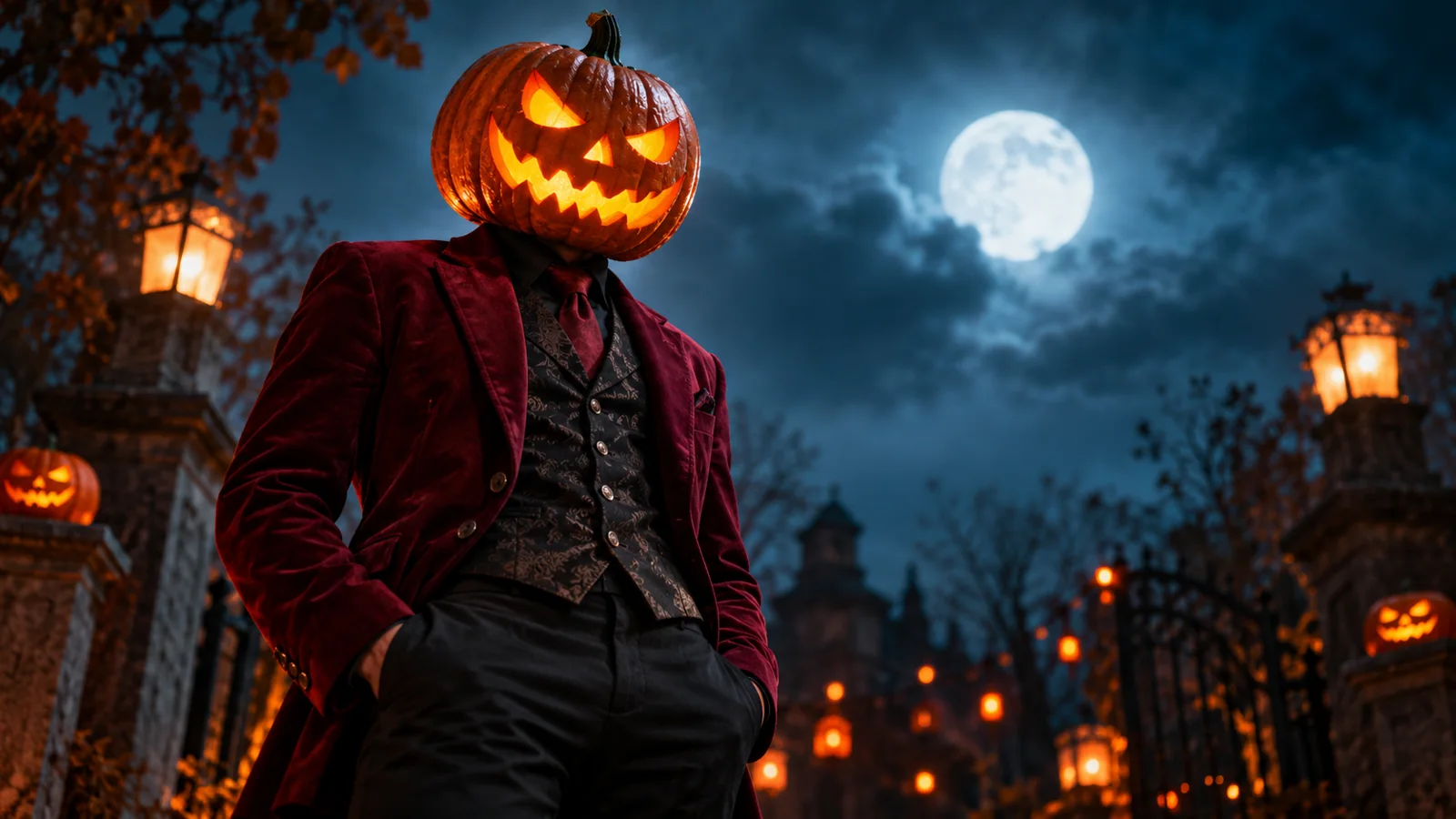 A darker pumpkin-head portrait in blue night lighting.