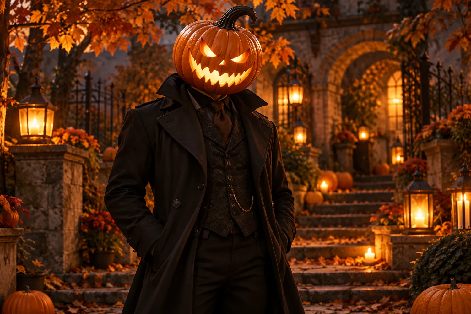 A pumpkin-head portrait in a dark coat and waistcoat under warm lantern light.