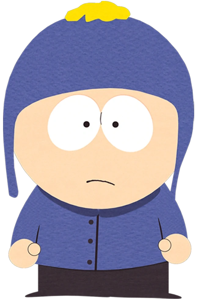 Craig Tucker wearing a blue earflap hat with a yellow pom-pom and blue jacket