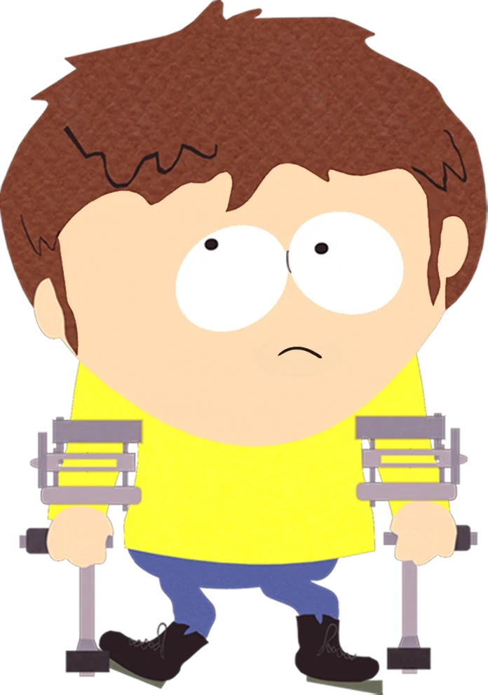 Jimmy Valmer wearing a yellow top with crutches visible on both sides